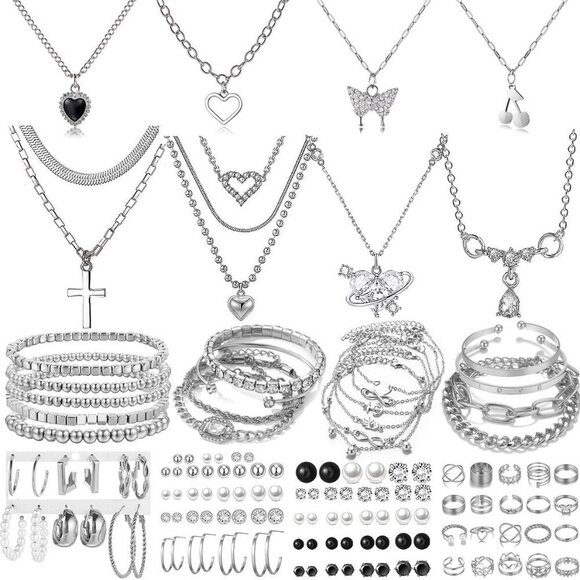 92 PCS Silver Plated Jewelry Set with Necklaces Bracelets Earrings Rings